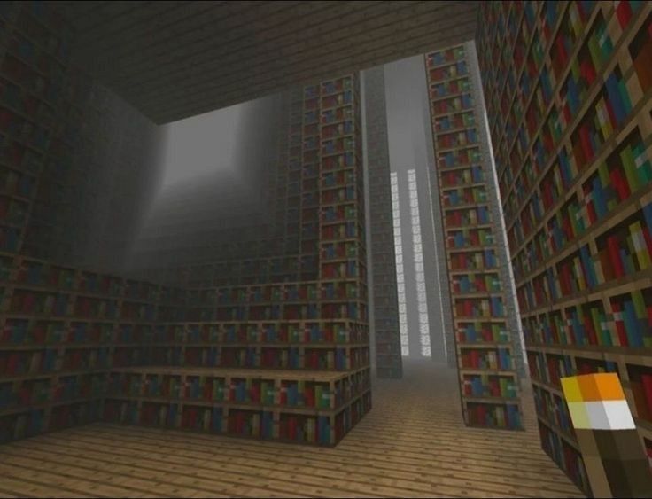 Um local cheio de estantes de livros com neblina no jogo Minecraft